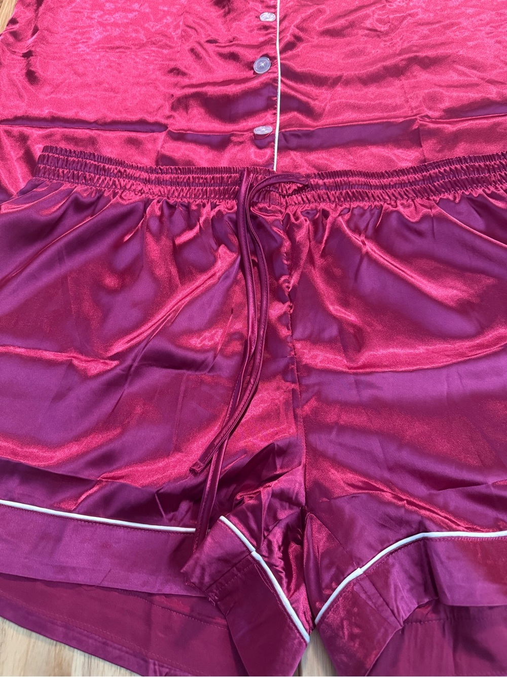 Satin Short Sleeve Pajama Set in Burgundy with White Piping - Picture 3 of 12